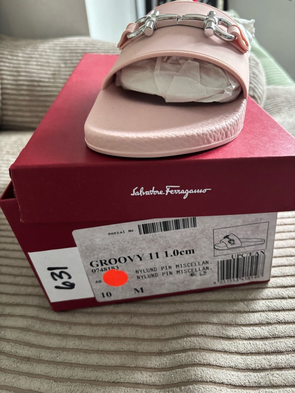 Salvatore Ferragamo Blush Pink Leather Slide with Silver-Tone SIZE 10 NEW